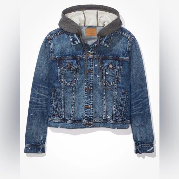 American Eagle Hooded Classic Distressed Denim Jean Jacket Built In Gray Hood - Picture 15 of 16